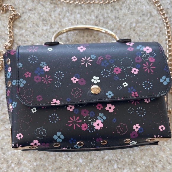 Floral Black Handbag with Gold Chain Vegan - Picture 2 of 7